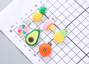 Set of 6 cute resin fruit and mushroom hair clips on a scale grid showing exact dimensions