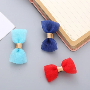 Three elegant seersucker handmade bow hair clips in red, sky blue, and dark blue for girls