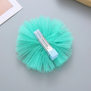 Handmade mint green lace flower hair clip for girls with blue ribbon wrapped metal base