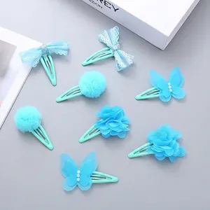 7-teiliges Set süße blaue Haarklammern mit Chiffonblumen und Netzschleifen für Mädchen