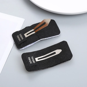 Handmade black fabric BB hair clips with HAND MADE woven label for women and girls