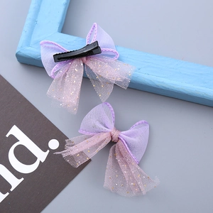 Sweet purple mesh bow hair clips with gold sequins for girls in a stylish set