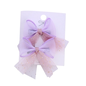 Set of two purple mesh bow hair clips with gold sequins on white display card