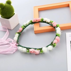 Sweet Pe Foam Flower Wreath Headband With Chiffon Ribbon Romantic Forest Style Floral Hair Accessory For Kids Wedding Party