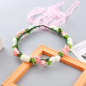 Pink and white foam rose flower crown with silk ribbons for girls and bridal hair