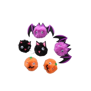 Halloween plush pet toy set with bats, black cats, and pumpkins in a circular layout