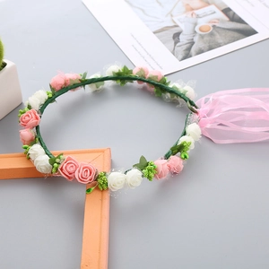 Pink and white PE foam flower crown headpiece with green vine base and chiffon ribbon