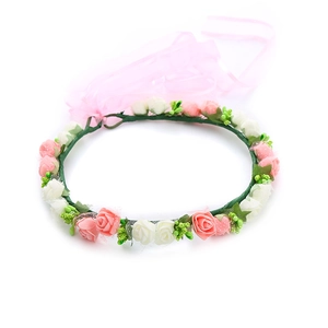 Pink and white floral wreath headband with decorative chiffon ribbons for girls