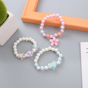Three-piece kids beaded bracelet set with pearl beads, heart, star and flower pendants