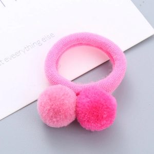 Pink plush pom pom hair ties for girls with high elastic woven rope and soft faux fiber ball