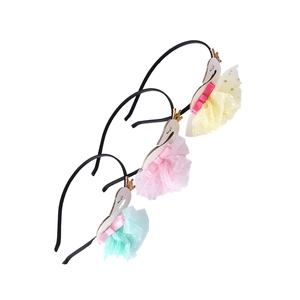 Three children's swan headbands with mesh tulle and crowns in yellow pink and green