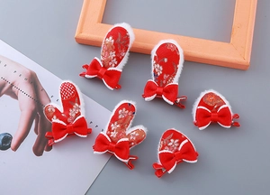 Lot de 6 barrettes de Nouvel An en peluche rouge avec oreilles de lapin et nœuds en soie