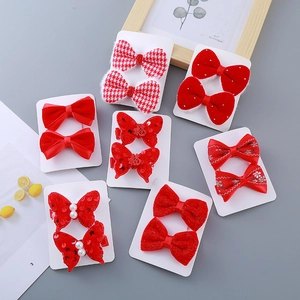 Red Bow Hair Clips Plush Velvet Sequin Faux Artificial Pearl Butterfly Hairpins For Girls Festive New Year Accessories