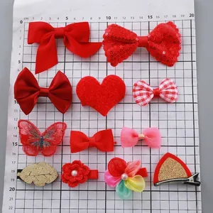New Year red bow hair clip set for kids with sizing grid showing various styles