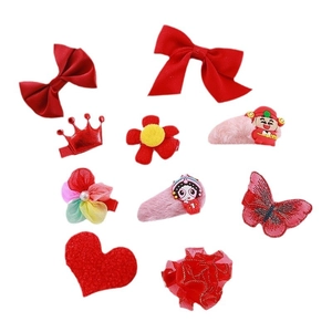10-piece red bow and crown hair clip set for children festive Chinese New Year accessories
