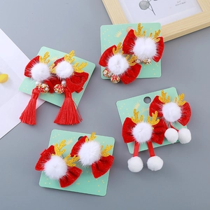 Barrettes à Cheveux de Noël en Bois de Cerf pour Filles Nœud en Velours Pompon Gland Cloches Accessoires de Coiffure Enfants Fête Noël
