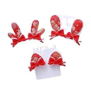 Barrettes à cheveux rouges pour enfants avec nœuds en peluche et broderie de fête chinoise