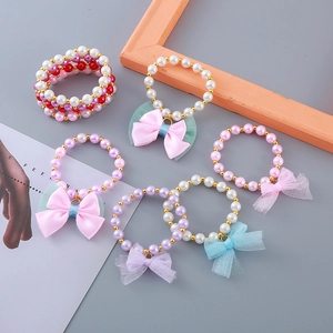 Kids Beaded Bracelet Hair Tie Set Imitation Artificial Pearl Satin Mesh Bow Knot Elastic Wristband Cute Jewelry For Girls Daily Wear