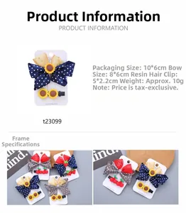 Detail showing girls polka dot bow hair clips with resin sunflower and strawberry charms