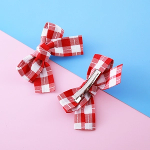 Barrettes à cheveux nœud à carreaux rouges et blancs pour filles avec clip métal