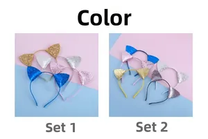 Vue détaillée des serre-têtes oreilles de chat à paillettes en plusieurs couleurs