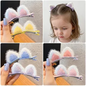 Plush cat ear hair clips for girls in colorful macaque shades with soft faux fur