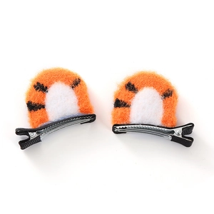 Cute plush tiger ear hair clips for girls with orange and white fuzzy animal stripes