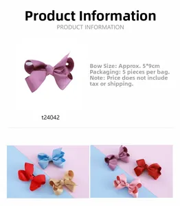 Detail showing various colors and 5x9cm size specifications for ribbon bow hair clips