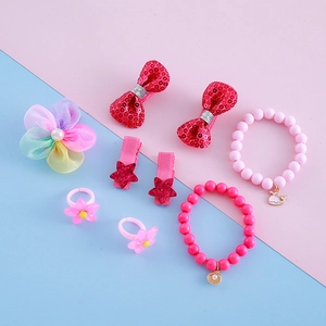 Set bijoux enfant 9 pièces avec pinces à nœud rouge, bagues fleur et bracelets perle