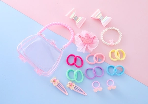 Coffret accessoires cheveux enfant avec pince couronne, nœuds et sac à main perlé rose