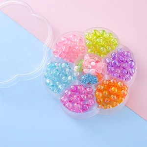 DIY bead set for girls with colorful round beads and floral charms in plum storage box