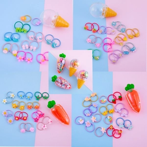 Kinder Cartoon Haargummis Set Harz Blumen Erdbeere Charms Bunte Elastische Haarbänder Mädchen Geschenkbox Haarschmuck