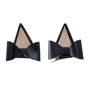 Barrettes oreilles de chat pailletées or rose avec nœuds noirs sur clips crocodile