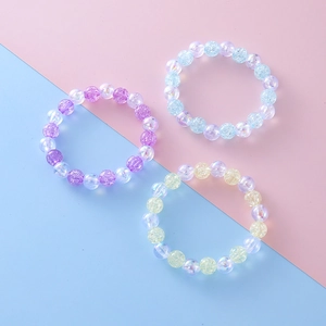 Colorful crackle bead bracelets for girls featuring purple, blue and yellow candy tones