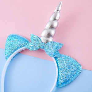 Serre-tête licorne pailleté bleu avec corne argentée pour fête d'enfants