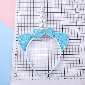Serre-tête licorne avec corne argentée et nœud en paillettes bleues pour filles