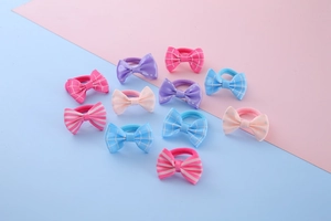 Set of 12 colorful handmade bow hair ties with stripes, polka dots and plaid patterns