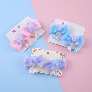 Pinces à Cheveux Style Hanfu Enfants Nœud en Satin Avec Glands de Fleurs en Résine Accessoires Cheveux Chinois Doux Filles