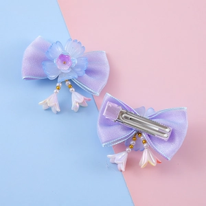 Barrettes papillon Hanfu avec nœuds lilas, fleurs bleues et pampilles de perles