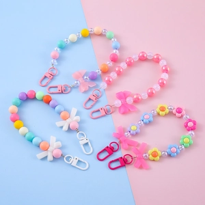 Acrylic Bow Flower Beaded Keychain Macaron Color Phone Charm Bag Pendant For Women Sweet Fashion Jewelry Accessories