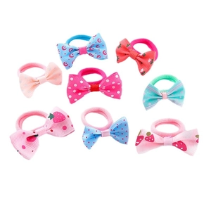 8-piece set of colorful kids ribbon bow hair ties with strawberry and polka dot patterns