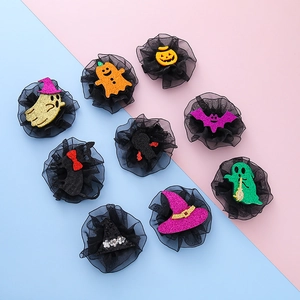 Halloween Kids Hair Clip Synthetic Leather Pumpkin Ghost Bat Spider Design Glitter Hair Accessory For Festival Party Decor