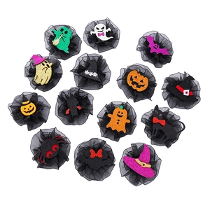Glittery Halloween hair clips set for girls with pumpkin, ghost, and bat felt designs