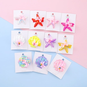 Kids starfish and shell glitter hair clips set with colorful sequins and mesh bows