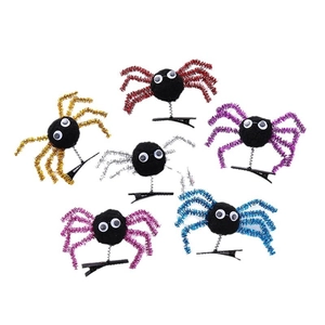 Halloween 6-pack colorful plush spider hair clips with spring mounted wiggle eyes
