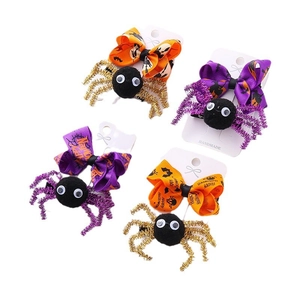 Lot de 4 barrettes à nœuds d'araignée pour Halloween avec rubans imprimés et pattes scintillantes