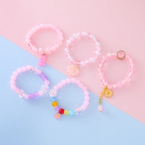 Children's Candy Color Bead Bracelet Resin Cute Cartoon Bear Flower Shell Pendant Elastic Handmade Jewelry For Little Girls