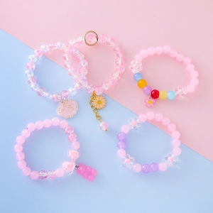Pink candy-colored beaded bracelet set for girls with bear and flower charms