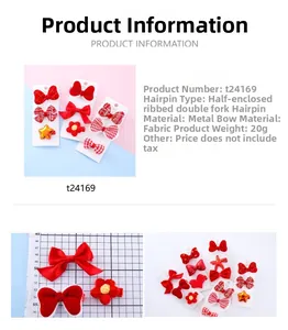 Detail view of red festive plush bow hair clips with size dimensions and metal base