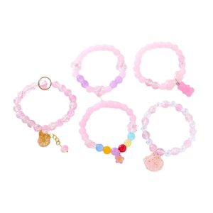 5-piece girl's pink candy-colored bead bracelets with flower and bear pendants